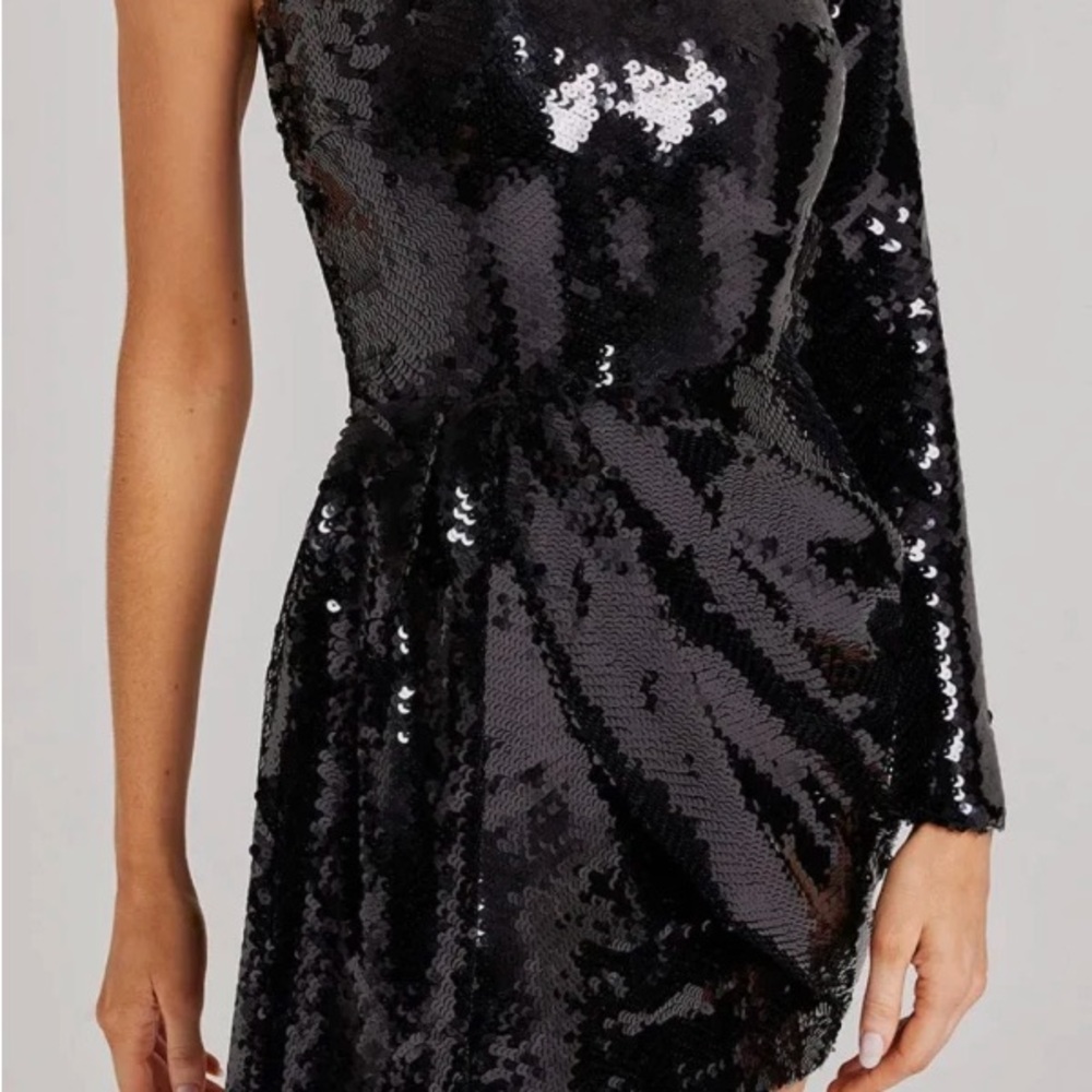NADINE MERABI One-Shoulder Black Sequin Dress